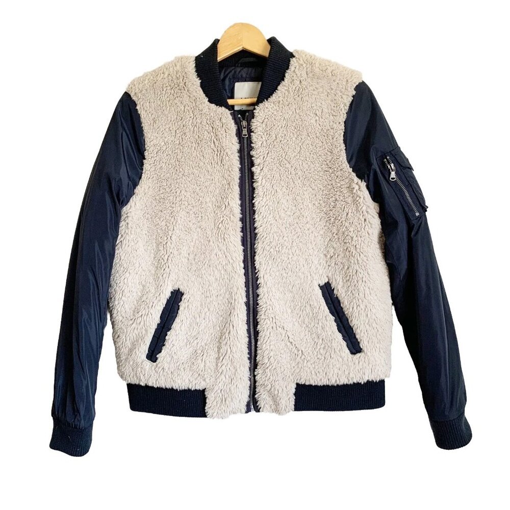 Levi’s Sherpa Jacket Womens Large Ivory Blue Sleeves Lined Full Zip 90s Y2K